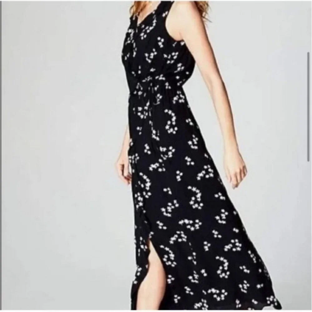 J.Jill Womens XL Petite Black Sleeveless Faux Wrap Maxi Dress Star Floral Ruffle - Picture 2 of 11
